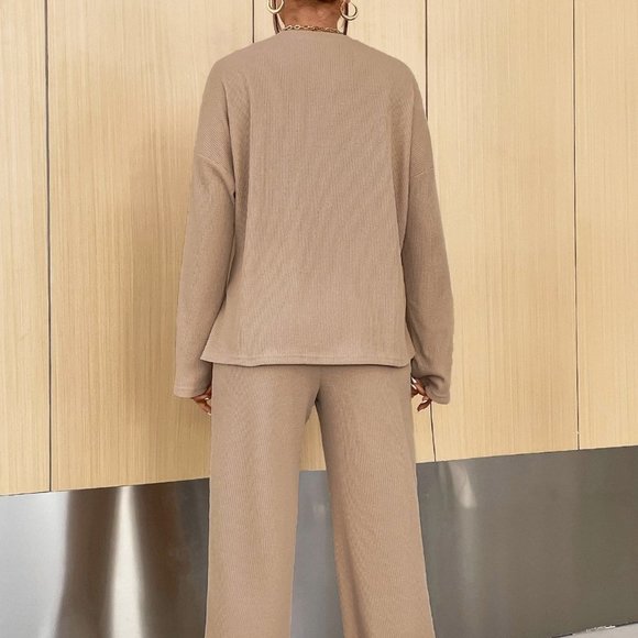 Khaki Casual Womens Drop Shoulder Half Button Tee & Pants - Picture 2 of 5